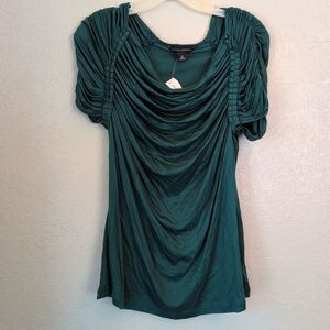 Banana Republic Med Emerald Green Puff Sleeve Pleated Ruched Dressy Top Stretch
